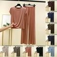 thumbnail image 1 of Hueook Travel Outfits For Women 2 Piece Sets Women's Loose Solid Color T-shirt Wide Leg Pants Home Wear Two-piece Short Sleeve Round-Neck Pant Sets Pink 3X, 1 of 3