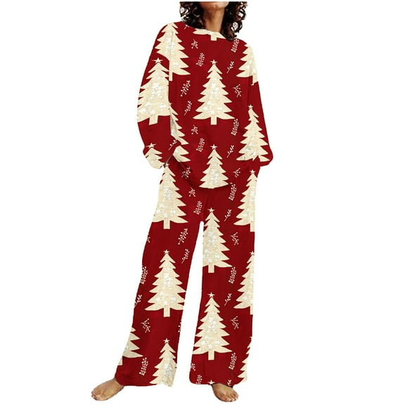 Hueook Travel Outfits for Women's Christmas Fashion Printed Long Sleeved Round Neck Top and Pants Set Multicolor 2X