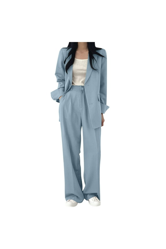 Travel Sets for Women 2 Piece Women's Fashionable High-end Temperament Commuting Suit Lapel Set Light Blue S