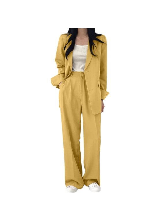Travel Sets for Women 2 Piece Women's Fashionable High-end Temperament Commuting Suit Lapel Set Yellow XL