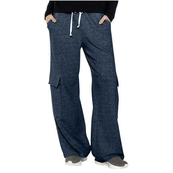 Hueook Trousers Pants for Women Comfy Pants Women's Solid Color Sports Loose Casual Wide Leg Leggings Navy S