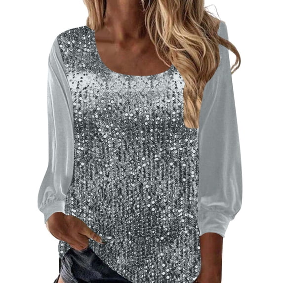 Hueook Tshirts Shirts for Women Fashion Woman Casual Long Sleeve Solid Sequins U-neck Blouse Pullover Top Gray L