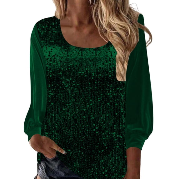 Hueook Tshirts Shirts for Women Fashion Woman Casual Long Sleeve Solid Sequins U-neck Blouse Pullover Top Green XL