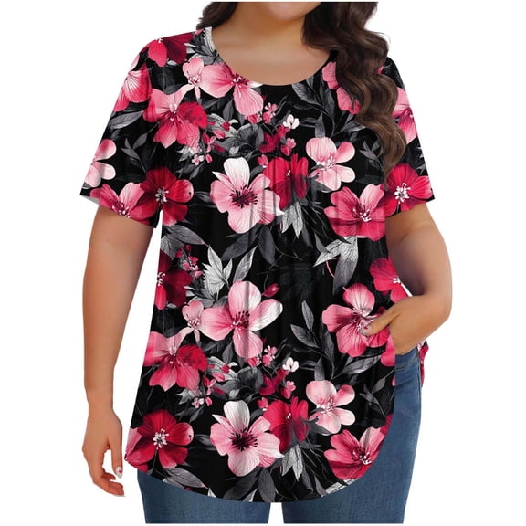 Hueook Tshirts Shirts for Women Fashion Women's Printed Plus Size Short Sleeve Solid Ladies Round Neck Fold Blouse Multicolor 5X