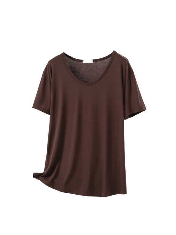 Tshirts Shirts for Women Loose Fit Tees Stretch Women's Short Sleeved Base Shirt Thin T-shirt Pajamas Short Sleeved Pajamas Coffee L