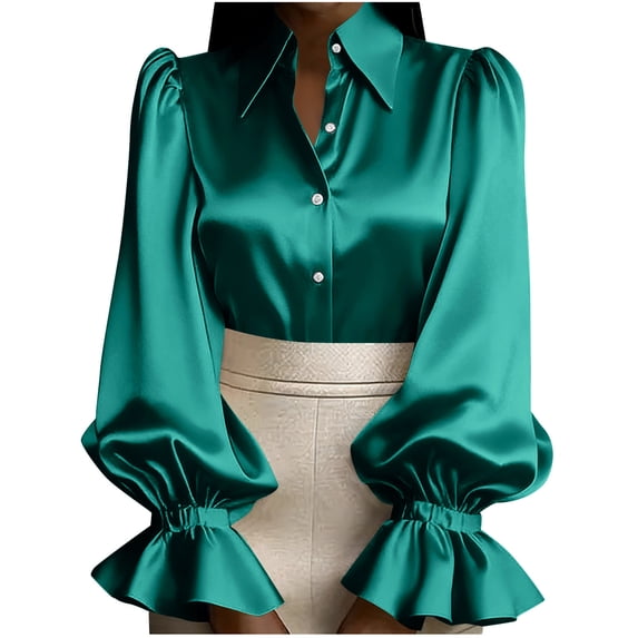 Hueook Tshirts Shirts for Women Tee Shirt Womens Casual Loose Solid Turndown Collar Long Sleeved Tops Buttons Shirts Green XL