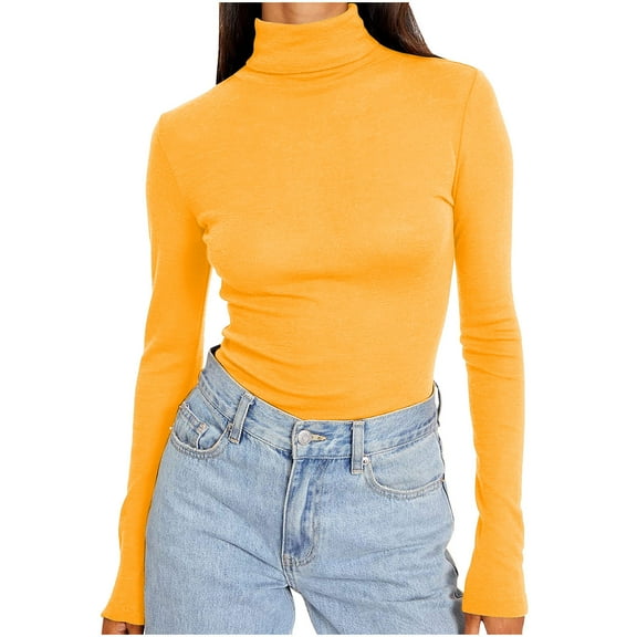 Hueook Tshirts Shirts for Womens Flannel Shirts Long Sleeve Women's Comfortable Solid Color Tight Long Sleeve Round Neck Underlay Yellow L