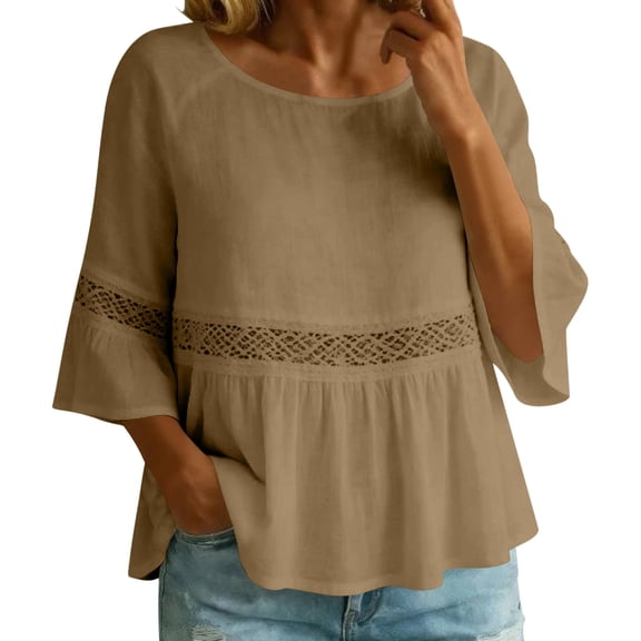 Hueook Tunic Shirts for Junior Eyelet Embroidery Women's Casual Linen Blouse Round Neck 3/4 Sleeve Lace Detail Ruffle Hem Summer Top Coffee M