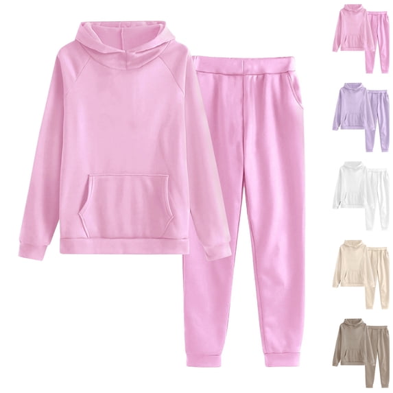 Hueook Two Piece Sets for Women'S Solid Color Casual Crew-Neck Long-Sleeved Trousers and Tight-Waist Hoodie Suit Pink XL
