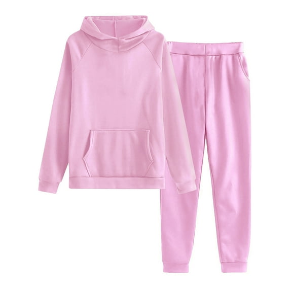 Hueook Two Piece Sets for Women'S Solid Color Casual Crew-Neck Long-Sleeved Trousers and Tight-Waist Hoodie Suit Pink XL