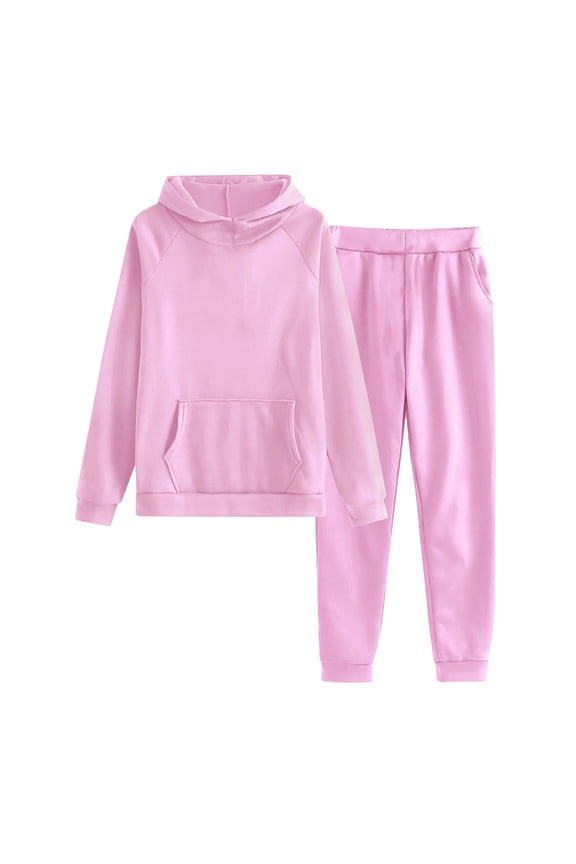 Two Piece Sets for Women'S Solid Color Casual Crew-Neck Long-Sleeved Trousers and Tight-Waist Hoodie Suit Pink XL