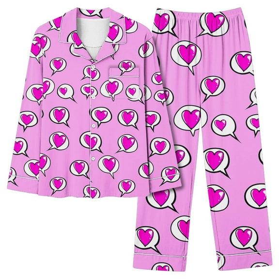 Hueook Two Piece Sets for Women's Valentine's Day Printed Pajama Set for Daily Home Wear with Pocket Hot Pink M
