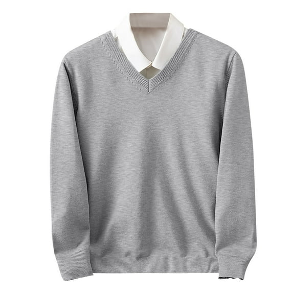 Hueook Ugly Christmas Sweater Men Men's Fashionable Solid Color Pullover V-neck Knitted Casual Long Sleeved Slim Sweater Gray 2X