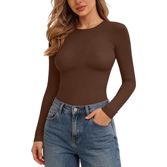Hueook Under Scrubs for Women Long Sleeve Ribbed Crop Tight Fitting Jumpsuit Tight Top Coffee S