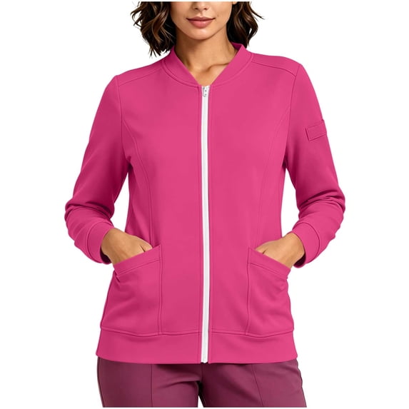Hueook Uniforms Women's Scrub Jacket Hoodie Nursing Long Sleeve Zipper Trendy Slim fit Elastic Nurse's Uniform with Pockets Pen Hole M