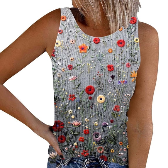 Hueook Vacation Floral Tank Tops for Women Basic Women's Summer Round-neck Sleeveless Casual Printed Button Up T-shirt Multicolor M