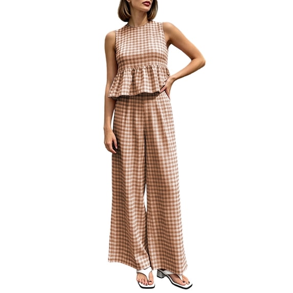 Hueook Vacation Outfits For Women 2 Piece Sets Sleeveless Ruffle Trim Top Wide Leg Pants Boho Brown S
