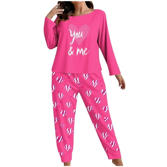 Hueook Valentine Day 2 Piece Set Valentines Day Pj Women's Plus Size Fashionable Pajama Set Print Long Sleeved Pants Casual Home Suit Set Hot Pink 4X