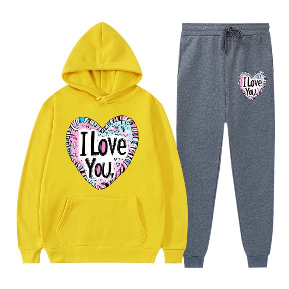 Hueook Valentine's Day 2 Piece Sets for Women's Casual Printed Pocket Hoodie with Long Sleeves and Pants Set Yellow XL