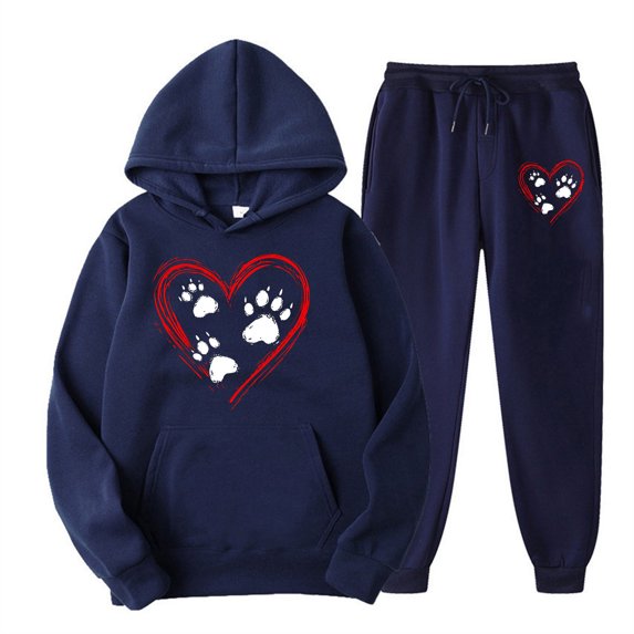 Hueook Valentine's Day 2 Piece Sets for Women's Valentine's Day Print Fall/Winter Hoodie Sweatpants Long Sleeve Hoodie Set Suits Navy M