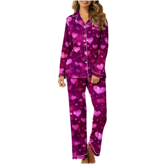 Hueook Valentine's Day Date Night Outfit for Women's Home Pocket Printed Pajama Set for Daily Home Wear Multicolor S