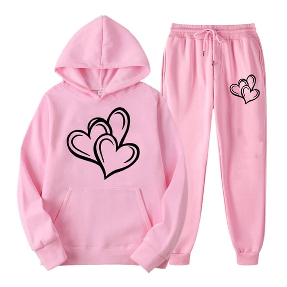 Hueook Valentine's Day Going Out Outfits for Women's Valentine's Day Print Fall/Winter Hoodie Sweatpants Long Sleeve Hoodie Set Suits Pink XL