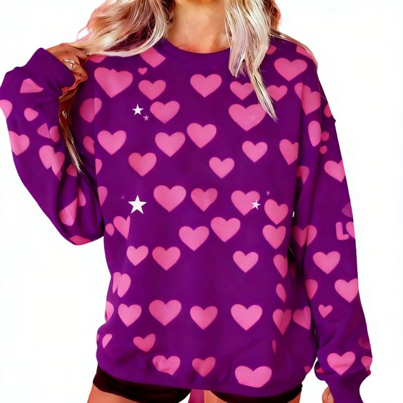 Hueook Valentines Day Shirt for Women Tops Crew Neck Printing Oversized Sweatshirt Long-sleeved Top Hoodie Purple M