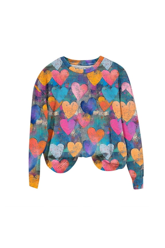Valentine's Day T-Shirts Women's Printed Long Sleeved Round Neck Pullover Top Hoodless Casual and Fashionable Sweatshirts Blue 2X