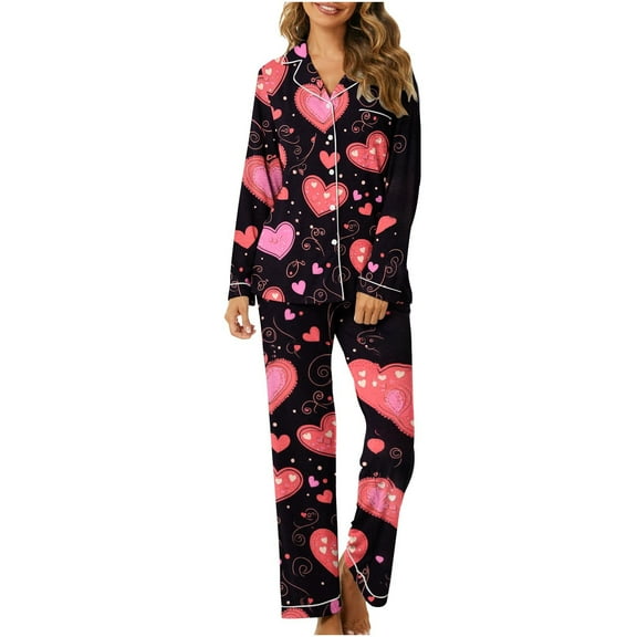 Hueook Valentine's Day Womens Sets 2 Piece Outfits Women's Home Pocket Printed Pajama Set for Daily Home Wear Multicolor S