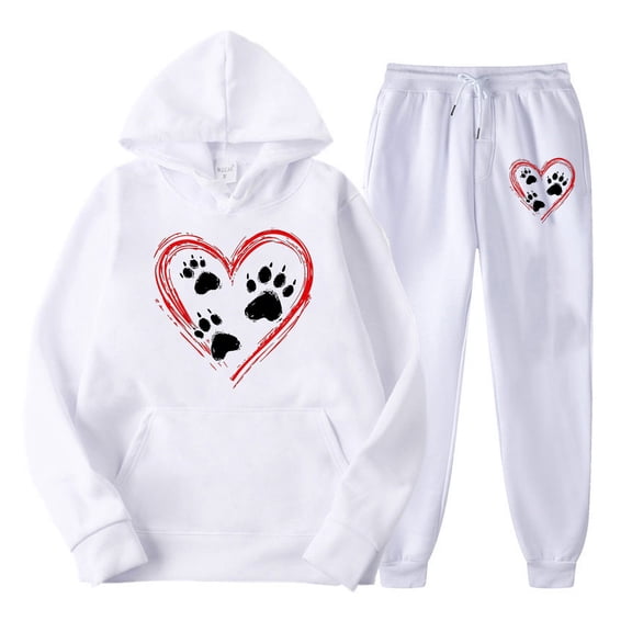 Hueook Valentine's Day Womens Sets 2 Piece Outfits Women's Valentine's Day Print Fall/Winter Hoodie Sweatpants Long Sleeve Hoodie Set Suits White XL