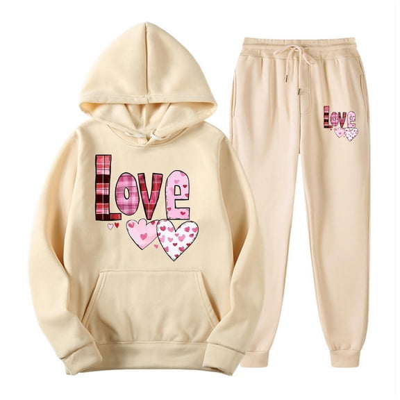 Hueook Valentines Day 2 Piece Set Women's Casual Printed Pocket Hoodie with Long Sleeves and Pants Set Beige L
