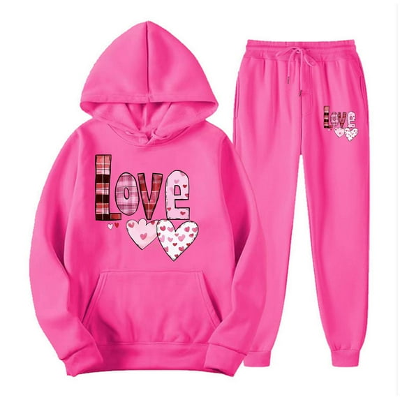 Hueook Valentines Day 2 Piece Set Women's Casual Printed Pocket Hoodie with Long Sleeves and Pants Set Hot Pink 3X