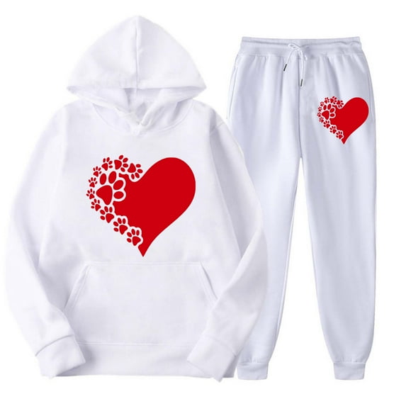 Hueook Valentines Day 2 Piece Set Women's Casual Solid Printing Long Sleeve Pockets Elastic Waist Bandage Pockets Long Pants Sets White L