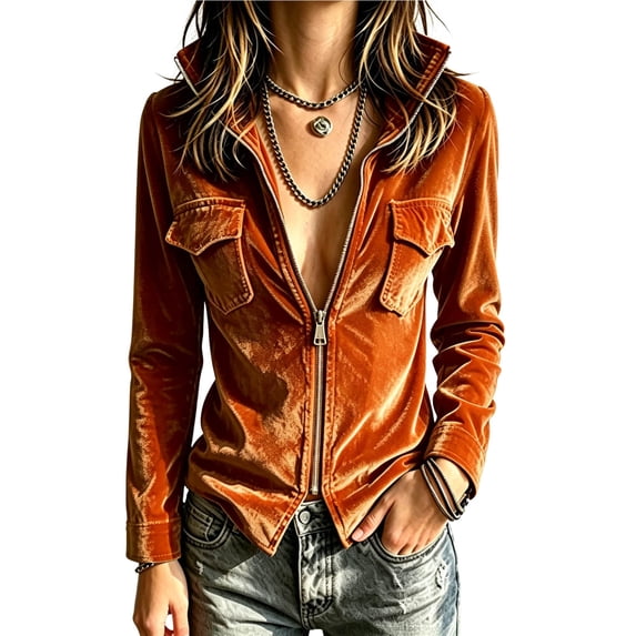 Hueook Velvet Jacket for Women V Neck Long Sleeve Zip Up Slim Fit Casual Party Coat Orange M