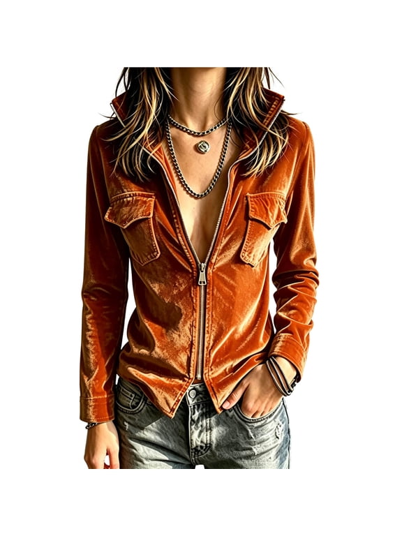 Velvet Jacket for Women V Neck Long Sleeve Zip Up Slim Fit Casual Party Coat Orange M