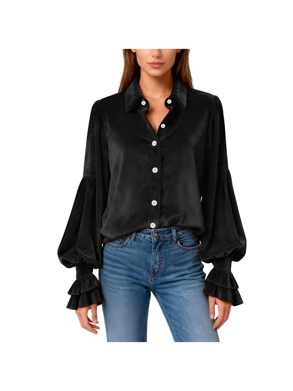 Velvet Tops For Women Button Down Lapel Women's Gothic Style Lapel Gold Velvet Shirt Long Sleeve Loose Button Tunic Summer Blouse Black L