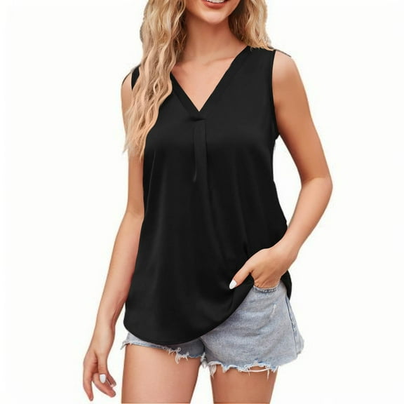 Hueook Vest Tops for Women Women's Loose Casual Solid Color V-neck Sleeveless Black L