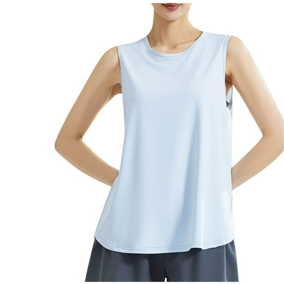 Hueook Vest Tops for Women Womens Fashionable Casual Round Neck Solid Color Loose and Comfortable Round-Neck Tank Light Blue S