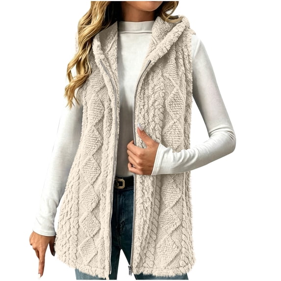 Hueook Vest for Women Fleece Sleeveless Zip Up Casual Plush Vest Coat with Pockets Beige XL