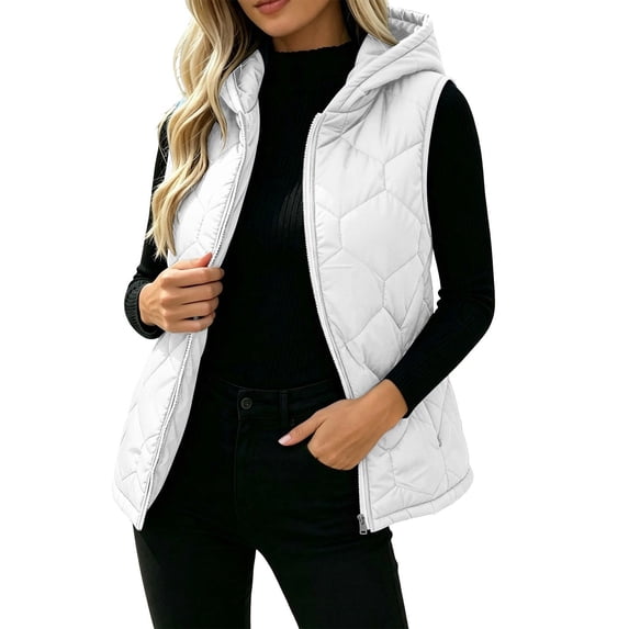Hueook Vest for Women Quilted Stand Collar Sleeveless Zip Up Casual Padded Vest with Pockets White L