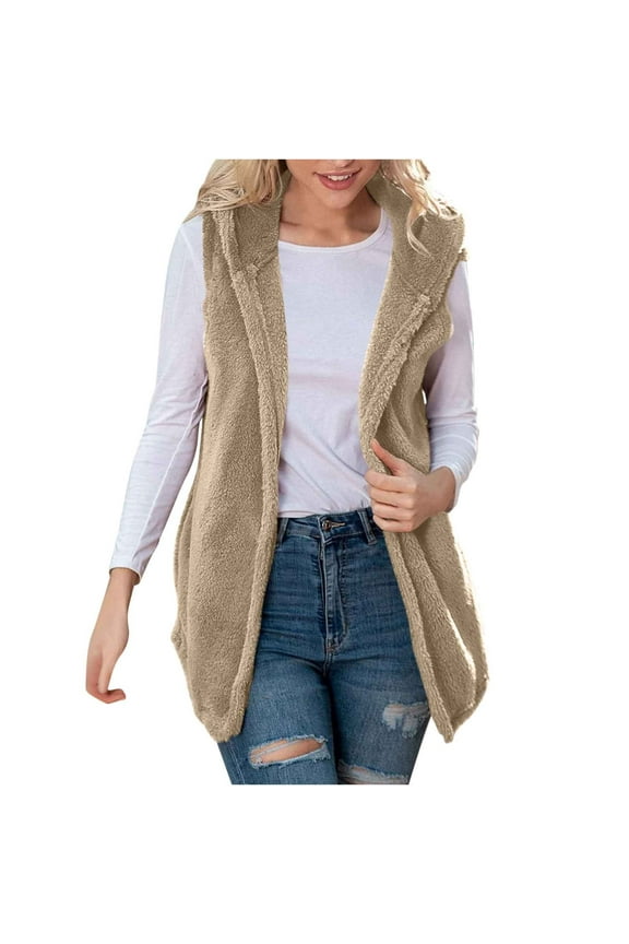 Vest for Women Solid Casual Tops Sleeveless Hooded Fleece Blanket Jacket with Pocket Khaki S