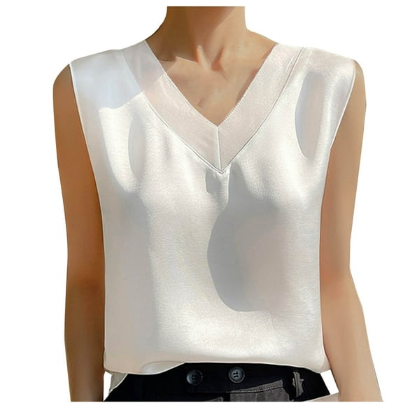 Hueook Vest for Women Women's Summer Casual and Fashionable Solid V-neck Round Sleeveless White S