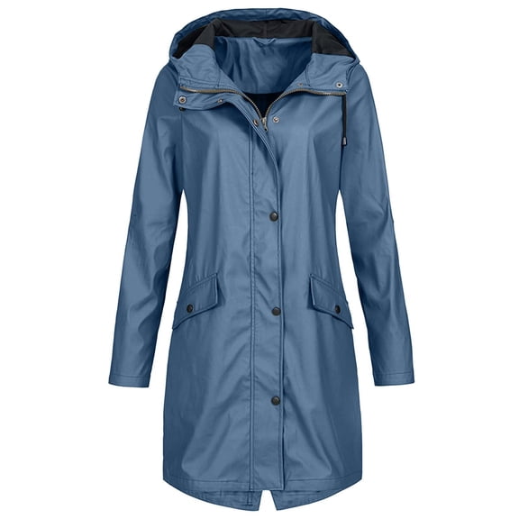 Hueook Waterproof Jacket Women Insulated Hiking Solid Color Rain Outdoor Hooded Windproof Long Coat Blue 3X
