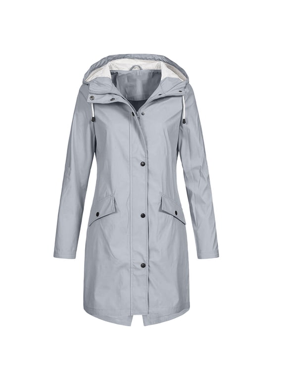 Waterproof Rain Jacket Long Hooded Active Solid Color Rain Outdoor Hooded Windproof Long Coat Gray 3X