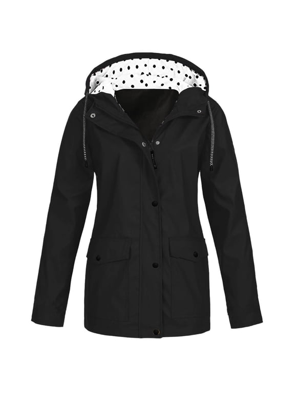 Waterproof Rain Jacket Long Hooded Active Solid Rain Jacket Outdoor Plus Size Hooded Raincoat Windproof Black M