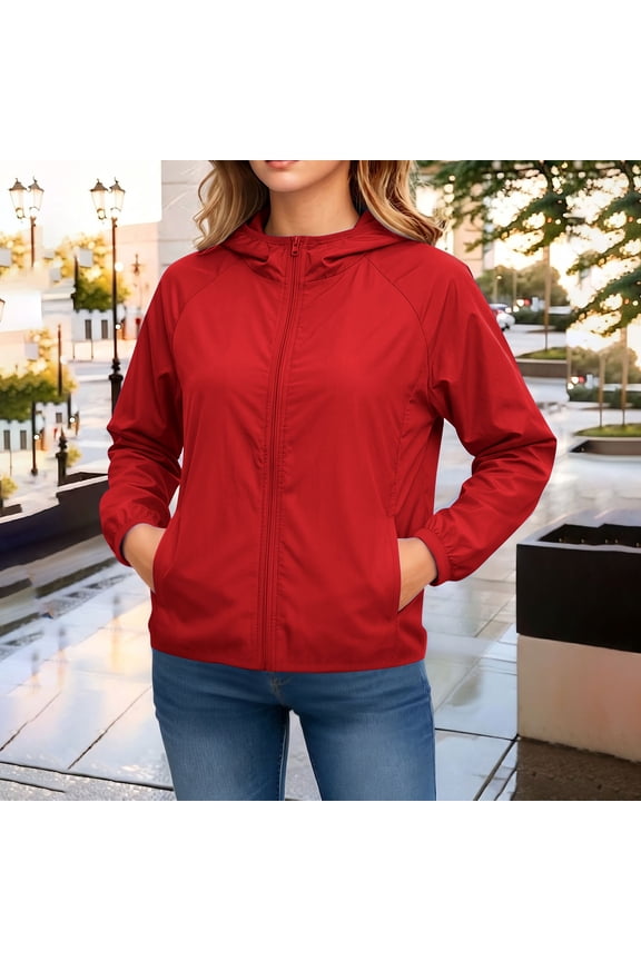 Waterproof Rain Jacket Long Hooded Active Summer Trendy Zipper Sunscreen Jacket Red S