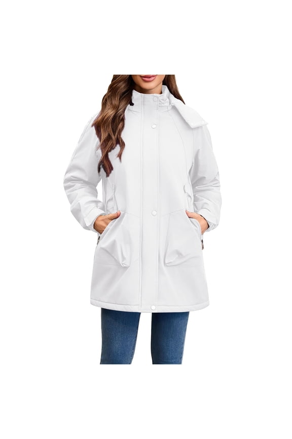 Waterproof Rain Jacket Relaxed-Fit Outdoor Solid Color Zipper Pocket Parka Outwear Waterproof and Windproof Outdoors Long Sleeve Hooded Jacket White S