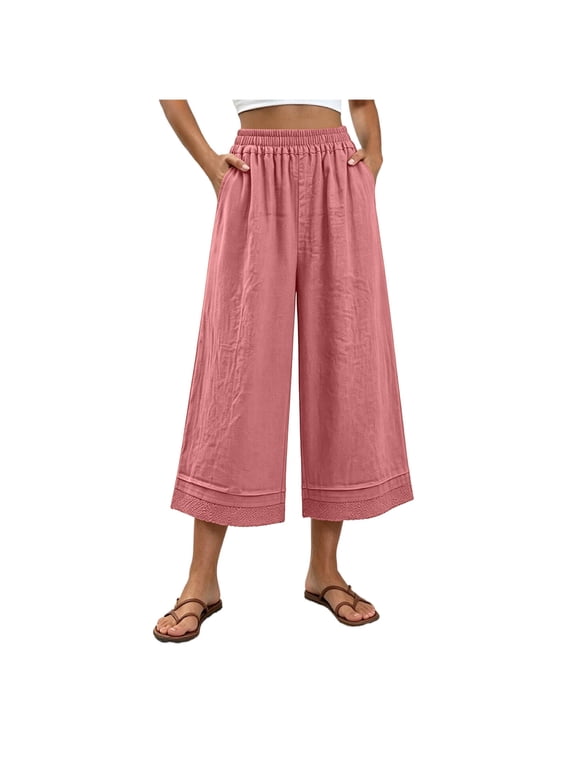 Wide Leg Dress Pants Loose Fit Culottes Womens Summer Casual and Fashionable Loose Straight Leg Elastic Waist Lace and Lace Pants Pink 2X
