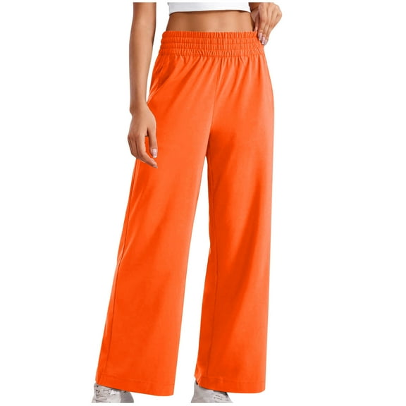 Hueook Wide Leg Sweatpants Women Plus Size Pants Women Solid Color Elastic Waist Sports Casual Pants with Side Pockets Orange M