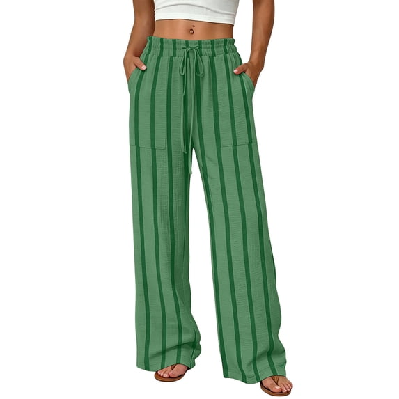 Hueook Wide Leg Sweatpants Women Strip Striped Ruffle Drawstring Casual Pants with Pockets Green S